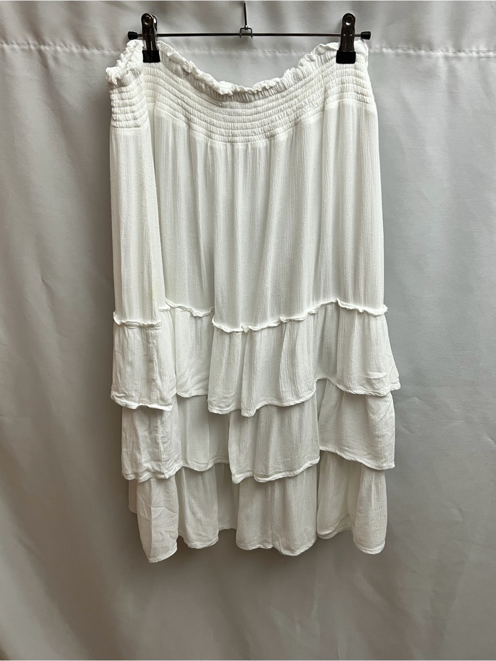 Studio West White Tiered Ruffle Maxi Skirt Smocked Waist Lined Boho XL